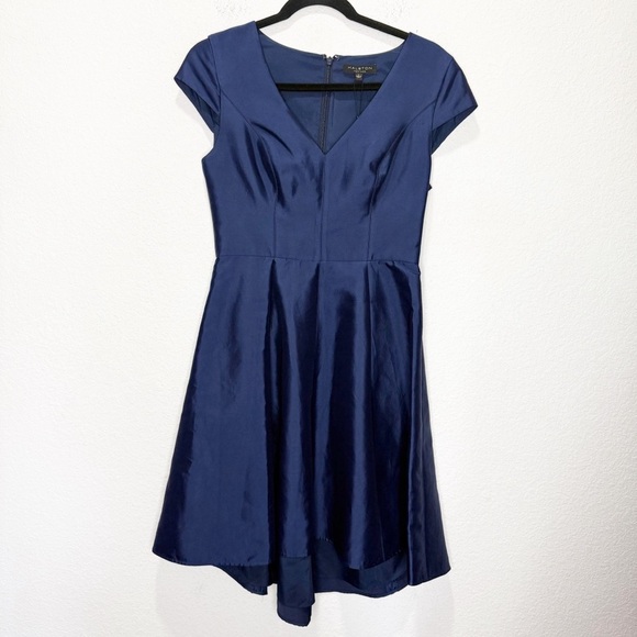 Halston Heritage High Low Sateen Cocktail Dress Mini Structured Cap Sleeve - Picture 5 of 14